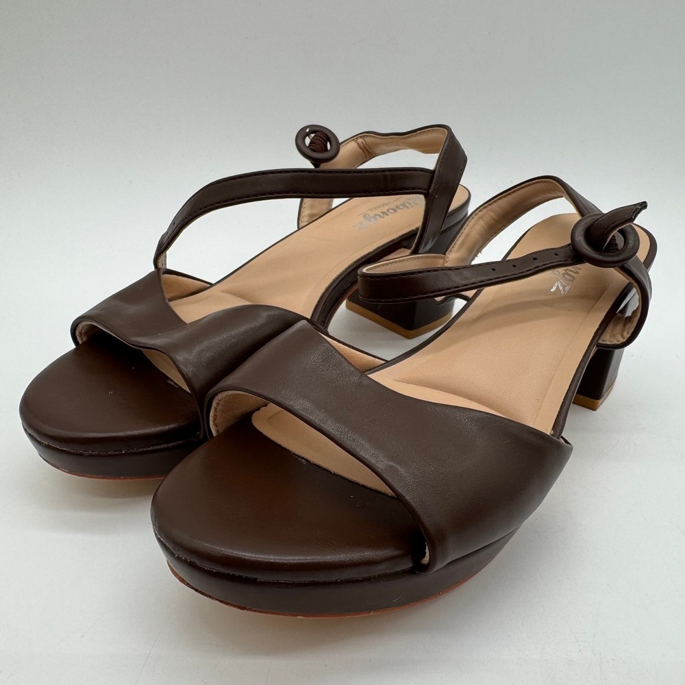 Ribongz Platform Sandals Womens 6.5 Brown Faux Leather Block Heel Ankle Strap